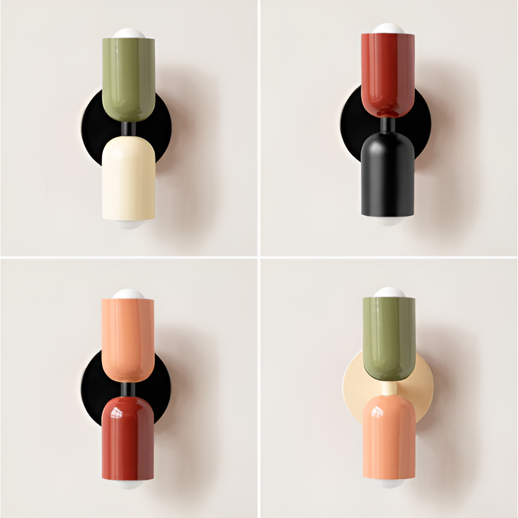 Four-panel collage of the twin-head wall light in different colour pairings, including green and cream, red and black, and peach and red. 1