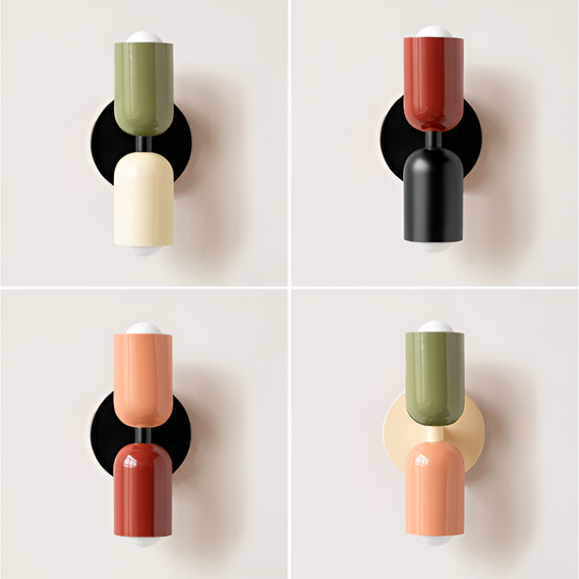 Four-panel collage of the twin-head wall light in different colour pairings, including green and cream, red and black, and peach and red. 1