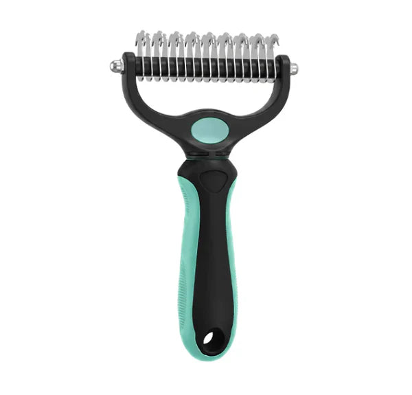 Teal and black rake viewed from the curved-blade side, showing the hooked teeth and ridged teal handle. 17