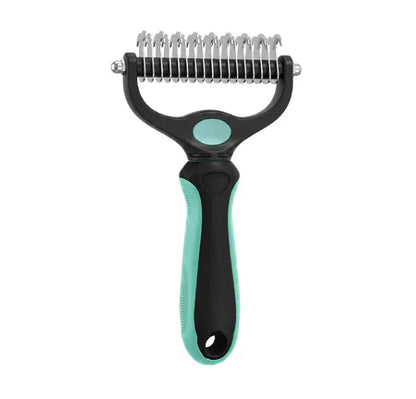 Teal and black rake viewed from the curved-blade side, showing the hooked teeth and ridged teal handle. 17