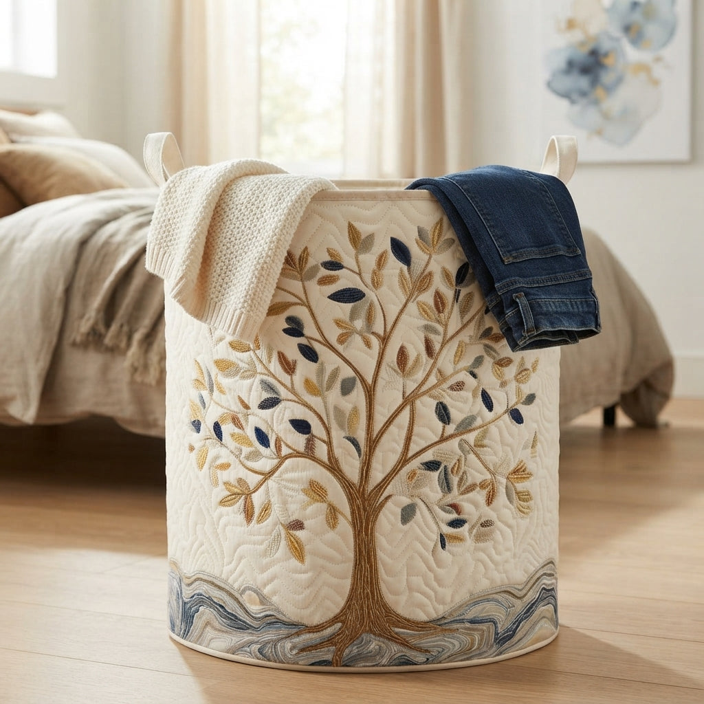 Basket beside a bed with a cream knit and a pair of jeans draped over the rim 4