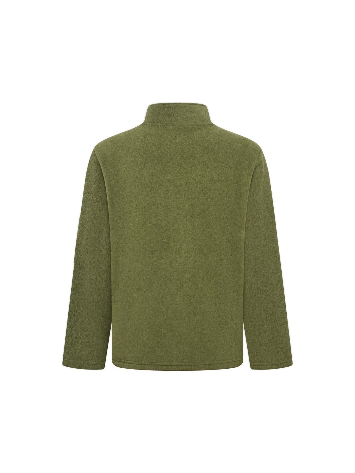 Back view of the olive green fleece jacket, plain across the back with a stand collar and long sleeves. 9