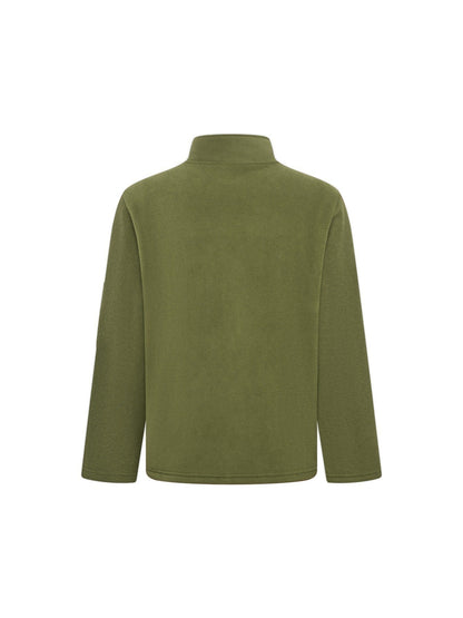 Back view of the olive green fleece jacket, plain across the back with a stand collar and long sleeves. 9