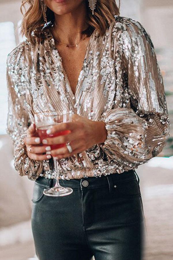 Sparkling & Stylish Ladies' Glitter V-neck Long-sleeve Top – Winter Magic by Naya