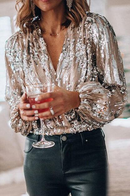 Sparkling & Stylish Ladies' Glitter V-neck Long-sleeve Top – Winter Magic by Naya