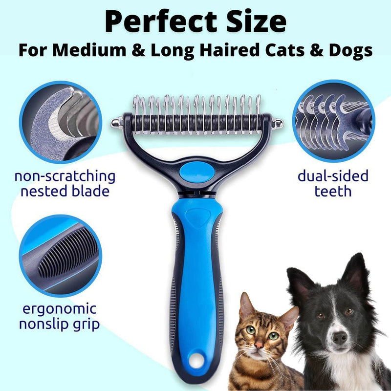 Blue and black dual-sided grooming rake with callouts for its nested blade, teeth and non-slip handle, beside a collie and a tabby cat. 1