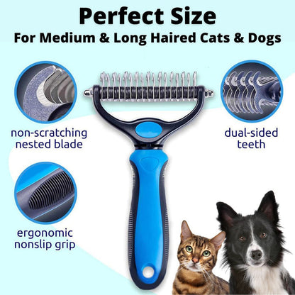 Blue and black dual-sided grooming rake with callouts for its nested blade, teeth and non-slip handle, beside a collie and a tabby cat. 1