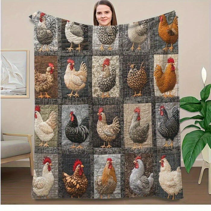 Woman holding up the blanket with realistic hens and roosters in grey, brown and cream squares 17