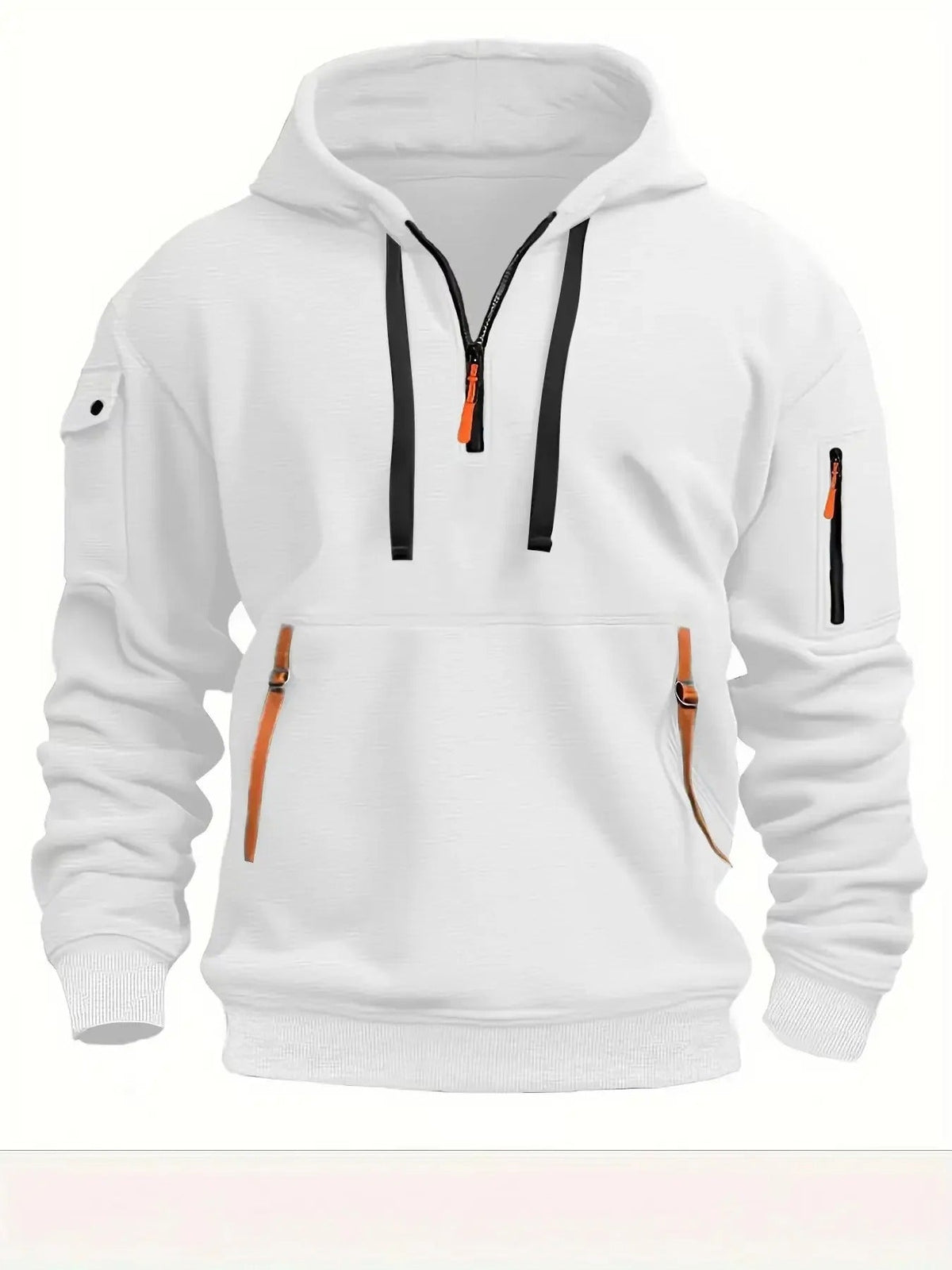 White version of the hoodie from the front, with black drawstrings and orange zip pull and pocket tabs. 3