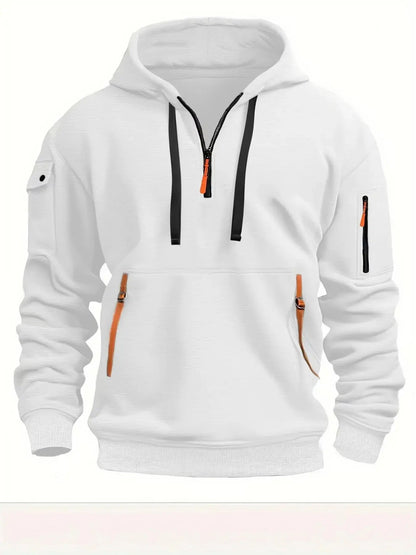 White version of the hoodie from the front, with black drawstrings and orange zip pull and pocket tabs. 3