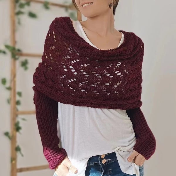 Double Sleeve Wrap Scarf - Cozy Knit Shawl with Built-In Sleeves 19