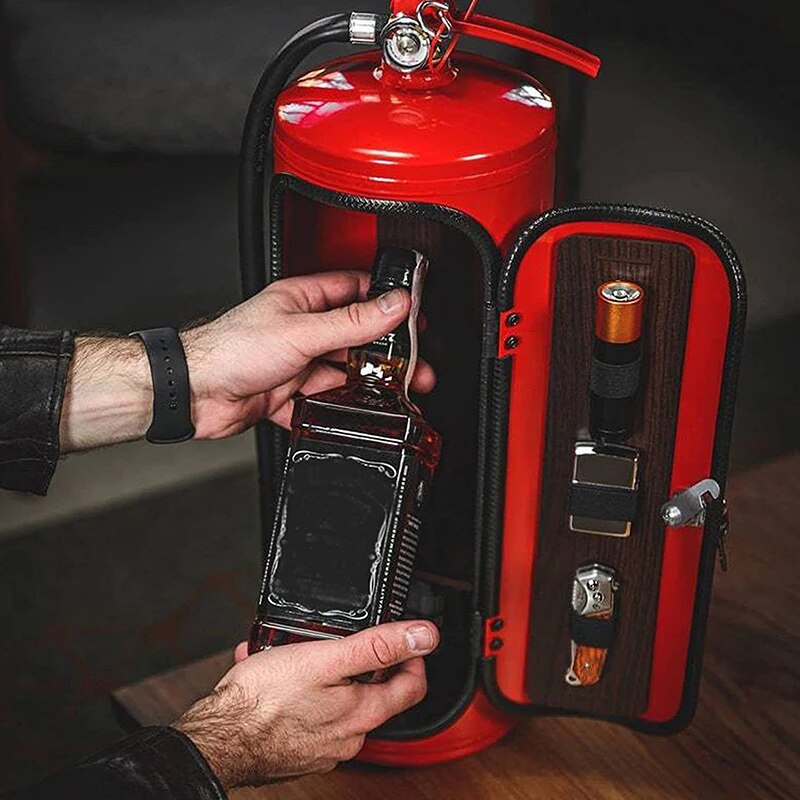 Hands lifting a whiskey bottle from the open red bar, with tools stored in the wood-effect door 8