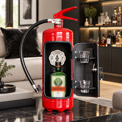 Red extinguisher-shaped bar with its door open on a marble coffee table, showing a green bottle and two shot glasses 1