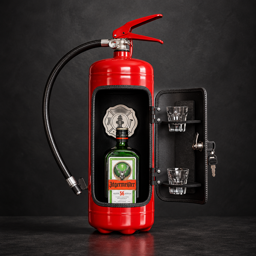 Red extinguisher bar with door open on a dark background, showing a green bottle, two shot glasses and keys 9