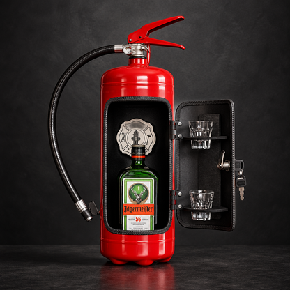 Red extinguisher bar with door open on a dark background, showing a green bottle, two shot glasses and keys 9