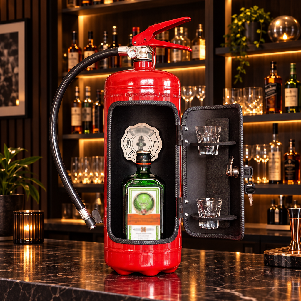 Open red cabinet with a green bottle and two glasses on a marble bar counter, bottles glowing behind 9