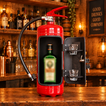 Red extinguisher-style cabinet standing open on a wooden bar, holding a green bottle and two shot glasses 1