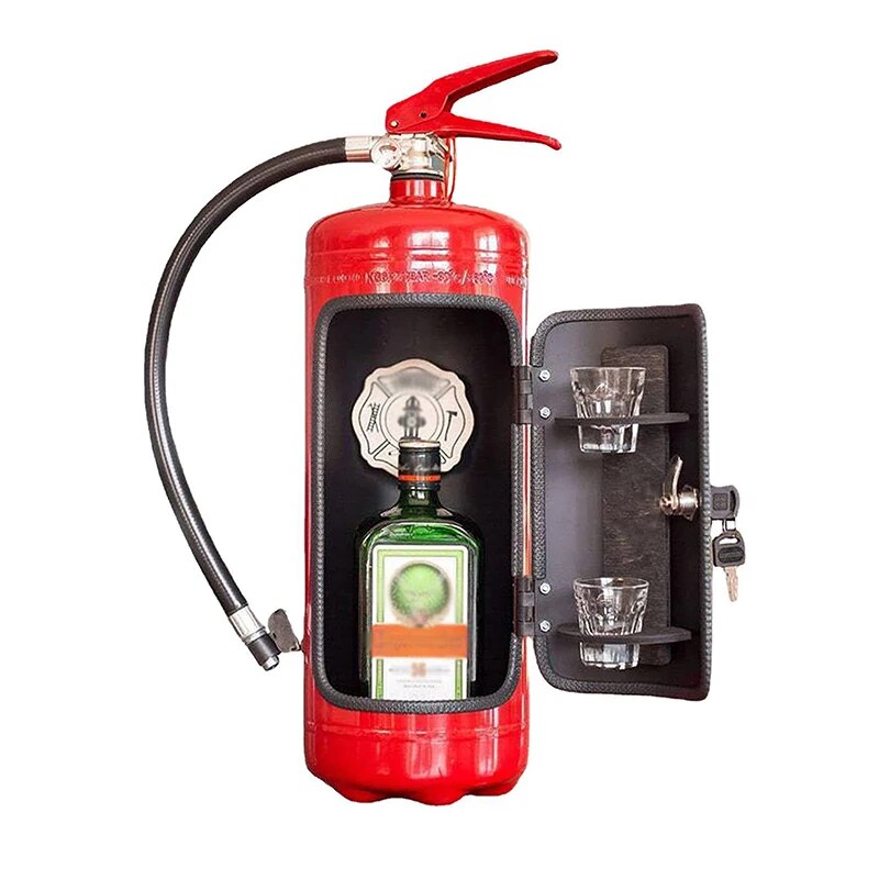 Red extinguisher bar on a white background, open to show a bottle, two shot glasses and keys 2