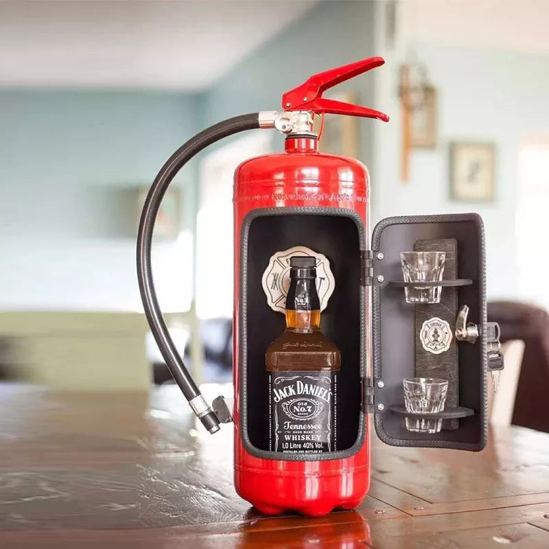 Red extinguisher bar on a wooden table with the door open, revealing a whisky bottle and two shot glasses 7