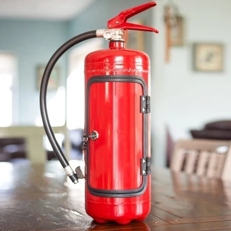 Closed red extinguisher bar standing on a wooden table in a bright living room 4