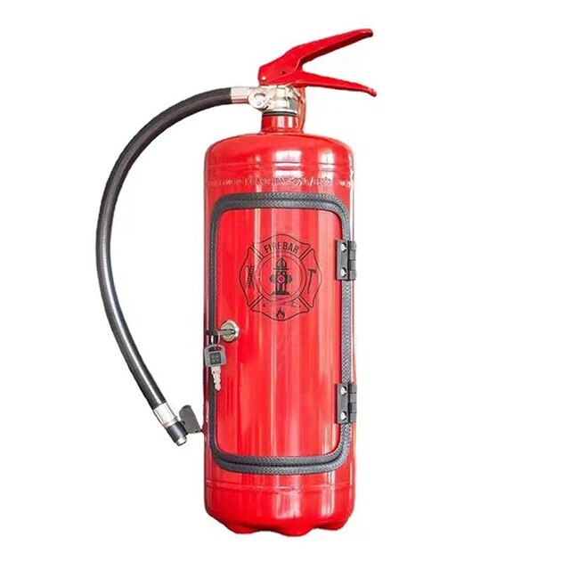 Closed red extinguisher bar on a white background, front door with black emblem, lock and key 4