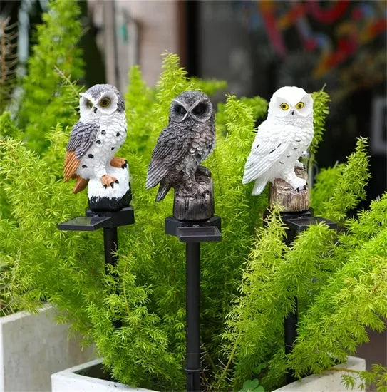Three unlit owl lights in grey-and-white, brown and white, staked among feathery green plants in a planter by day. 10