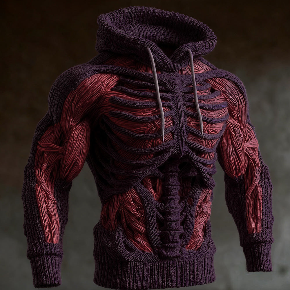 Deep purple version of the knit hoodie, with raised skeleton ribs and spine and red muscle fibres on the sleeves. 4