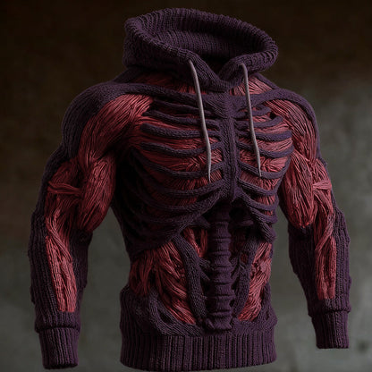 Deep purple version of the knit hoodie, with raised skeleton ribs and spine and red muscle fibres on the sleeves. 4