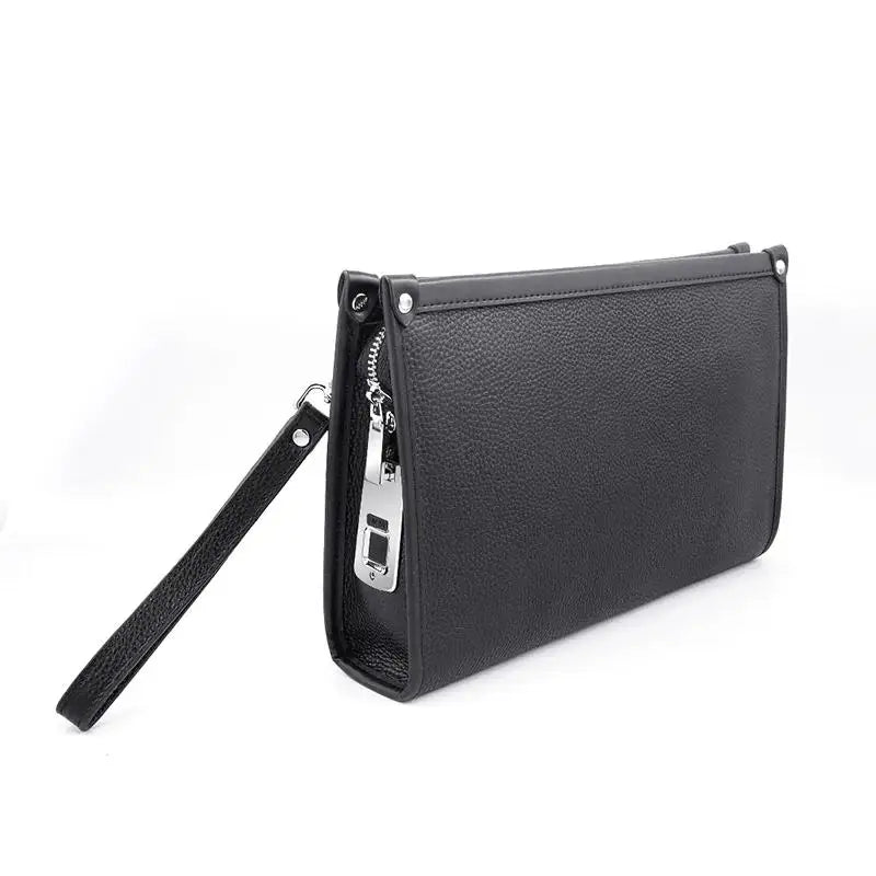Men's genuine leather business clutch with fingerprint lock – black
