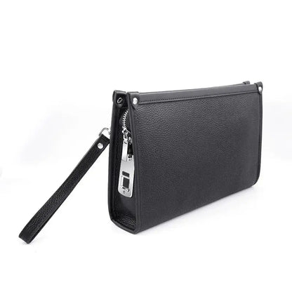 Men's genuine leather business clutch with fingerprint lock – black