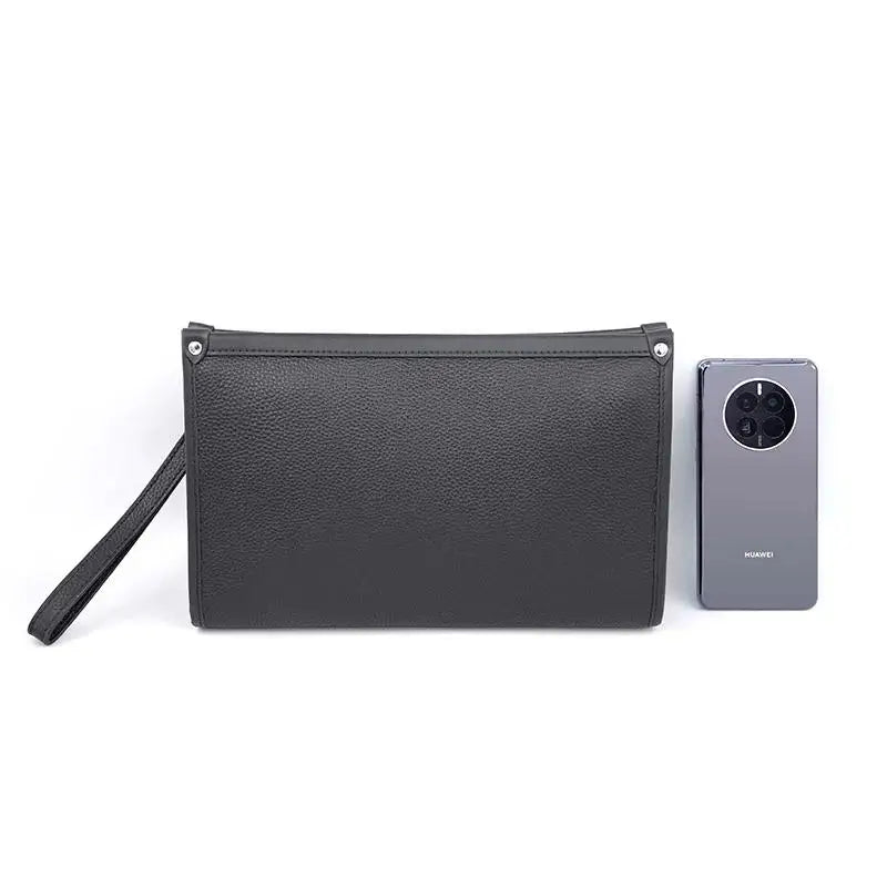 Men's genuine leather business clutch with fingerprint lock – black