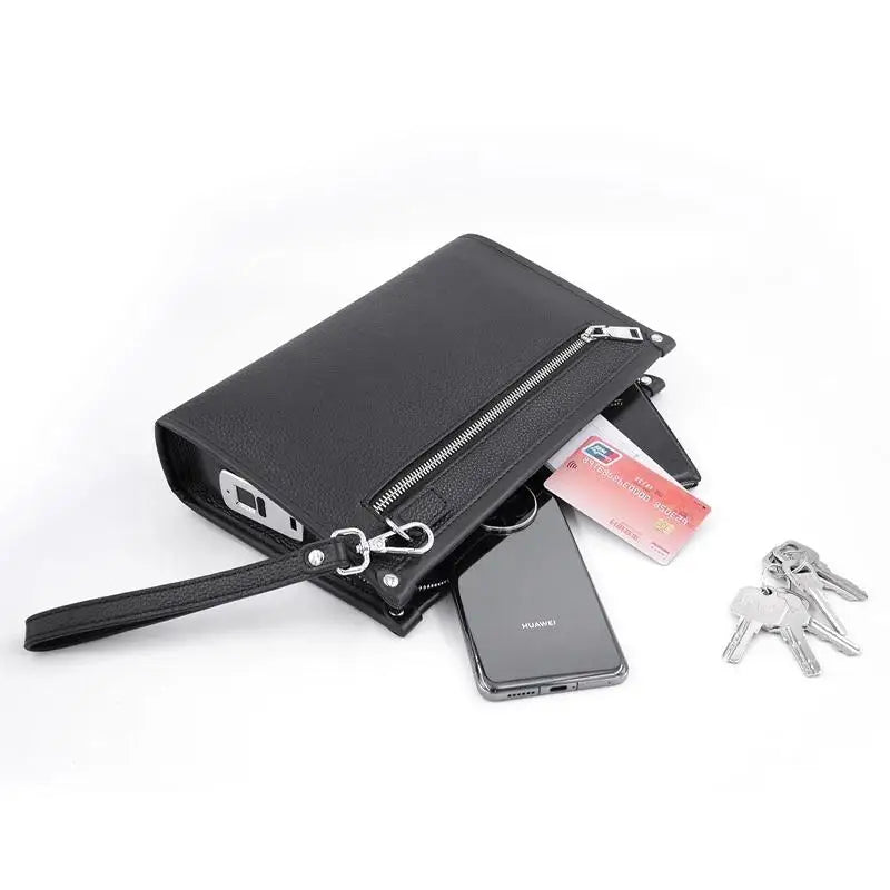 Men's genuine leather business clutch with fingerprint lock – black