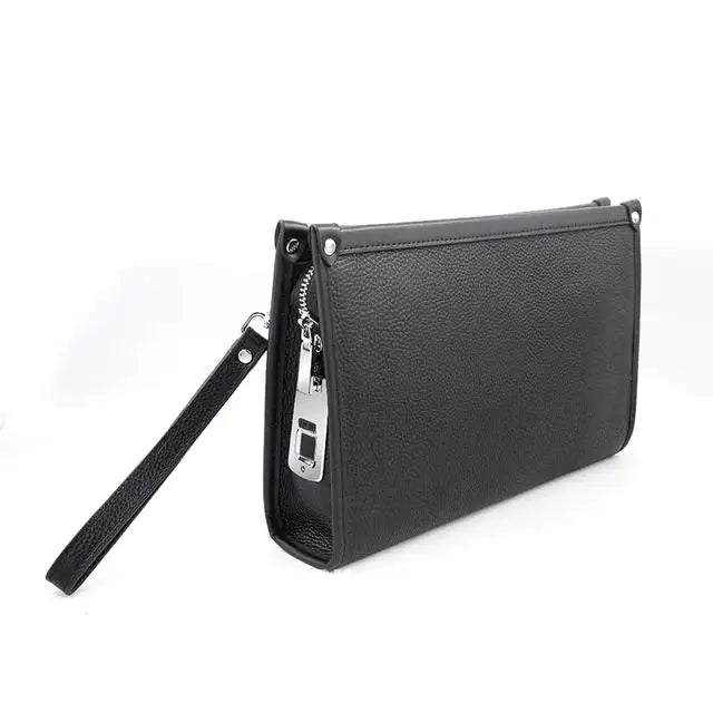 Men's genuine leather business clutch with fingerprint lock – black