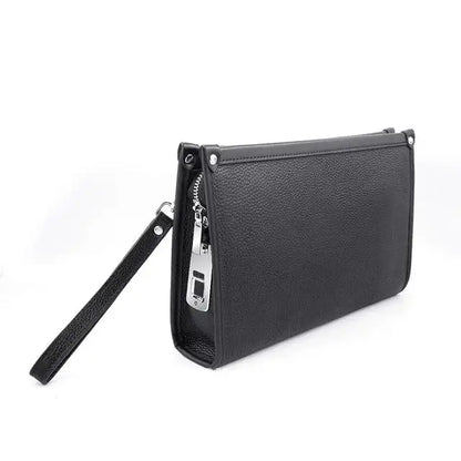 Men's genuine leather business clutch with fingerprint lock – black
