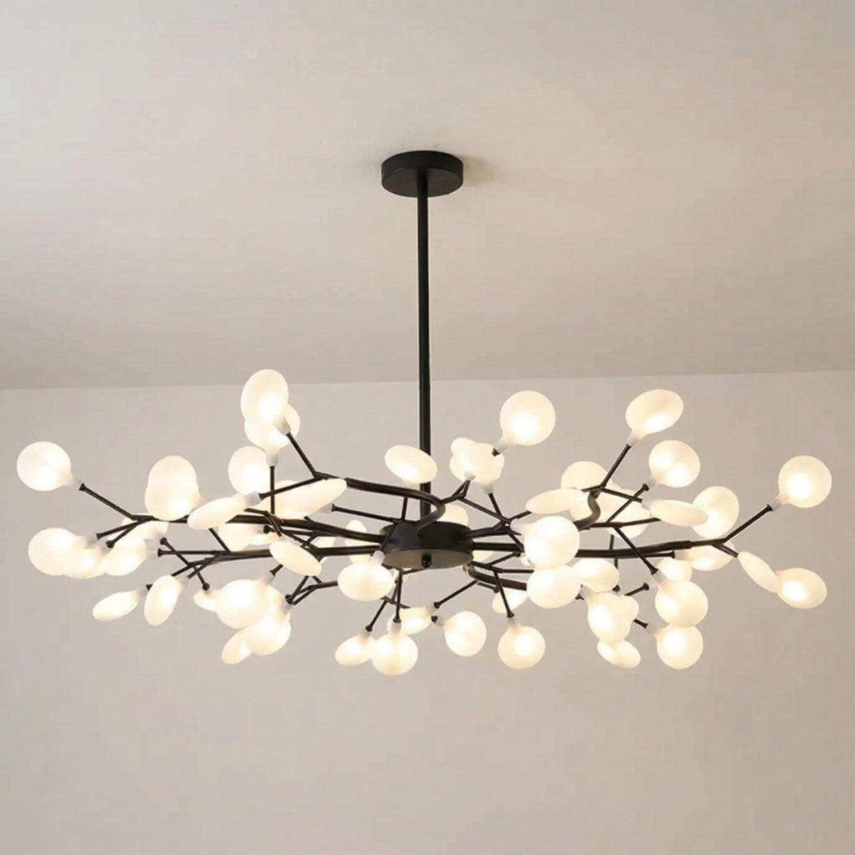 Wide black chandelier with dense twisting branches and many illuminated frosted orbs against a cream ceiling 12