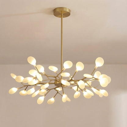 Larger gold chandelier with many leaf-shaped glowing orbs on slender branches, seen from slightly below 9