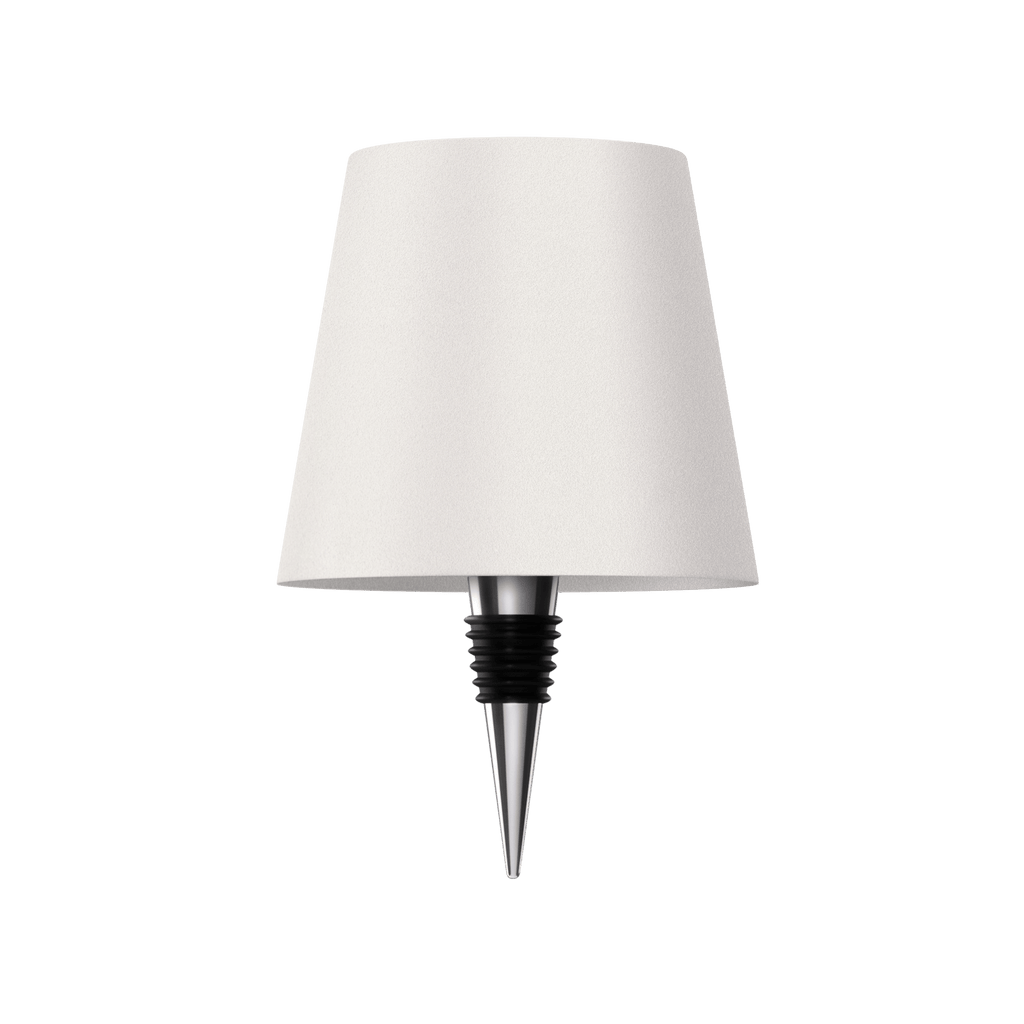 Weiße Flaschenlampe, transparent, modern, LED, Tischleuchte, minimalistisches Design.