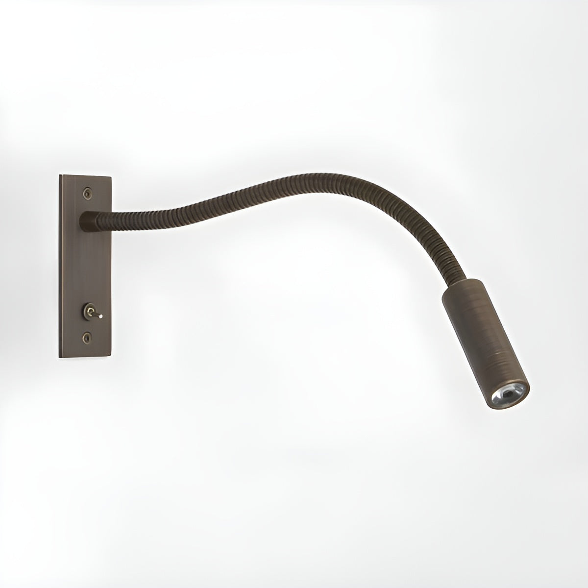 Bronze-finish gooseneck wall light on a pale background, with rectangular backplate, toggle switch and ribbed flexible arm curving to a small spotlight. 9