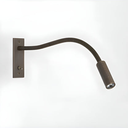 Bronze-finish gooseneck wall light on a pale background, with rectangular backplate, toggle switch and ribbed flexible arm curving to a small spotlight. 9