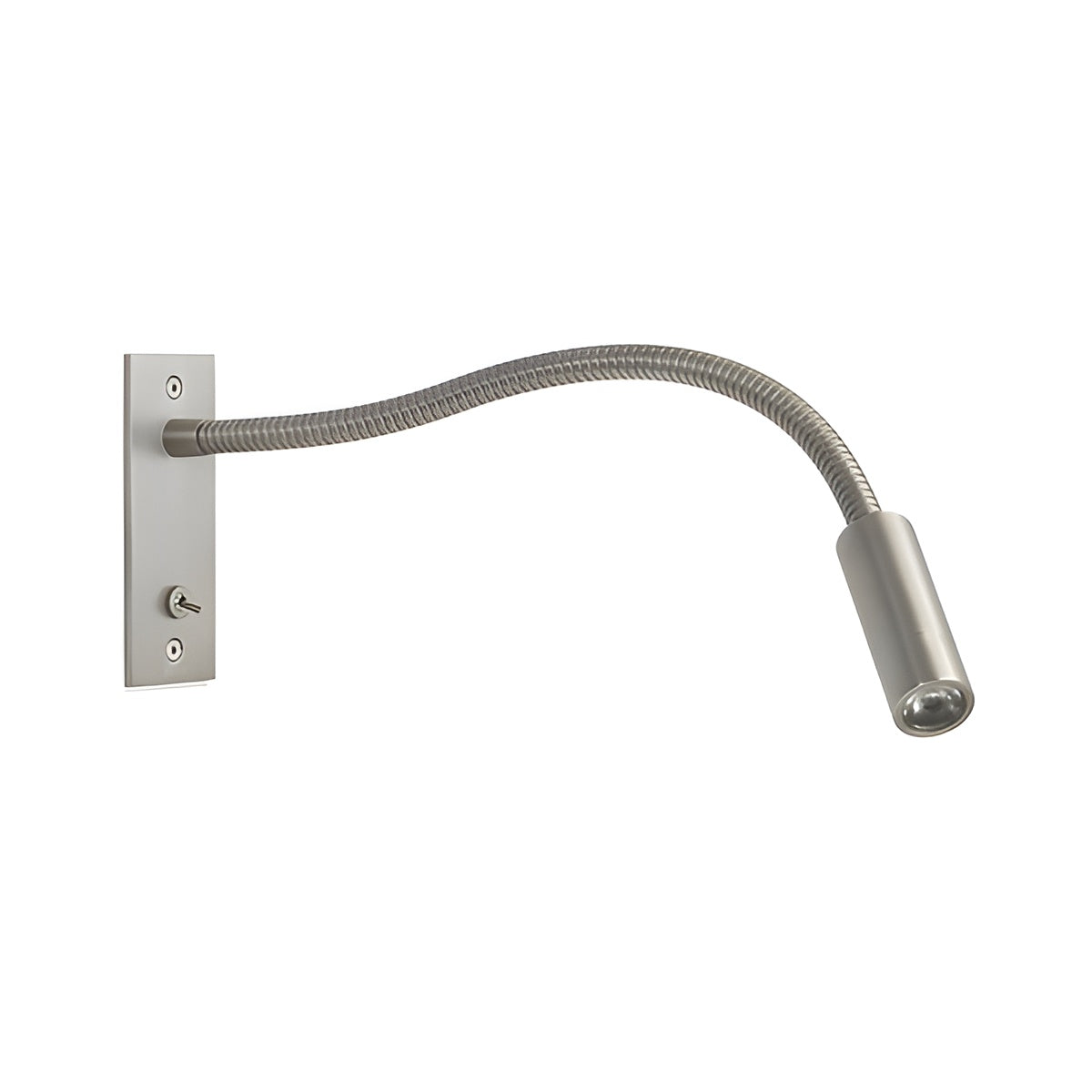 Brushed nickel gooseneck wall light with backplate on the left and spotlight head on the right, shown on white. 10