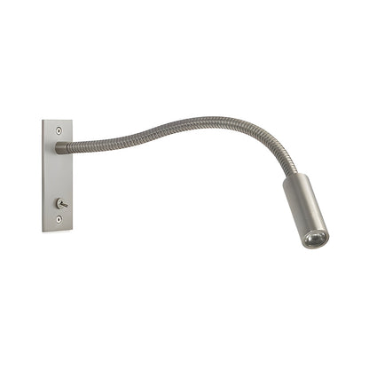 Brushed nickel gooseneck wall light with backplate on the left and spotlight head on the right, shown on white. 10