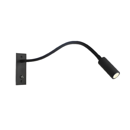 Black gooseneck wall light on a white background, with a rectangular backplate, small toggle switch and cylindrical spotlight head. 1