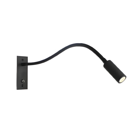 Black gooseneck wall light on a white background, with a rectangular backplate, small toggle switch and cylindrical spotlight head. 1