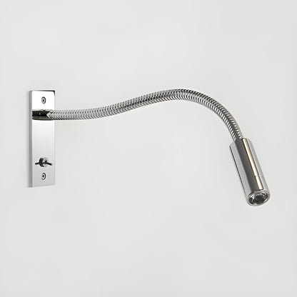 Polished chrome version of the flexible wall light, with shiny backplate, toggle switch, ribbed arm and cylindrical spotlight head. 12
