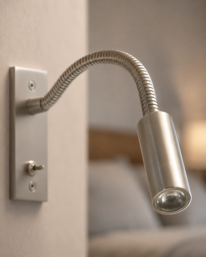 Close-up of the brushed nickel version, showing the ribbed flexible arm, toggle switch, screws on the backplate and lens in the head. 7