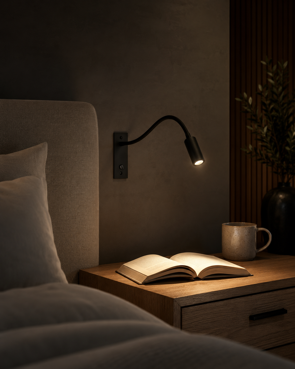 Black wall light glowing in a dim bedroom, lighting an open book on a wooden bedside table beside a mug. 6