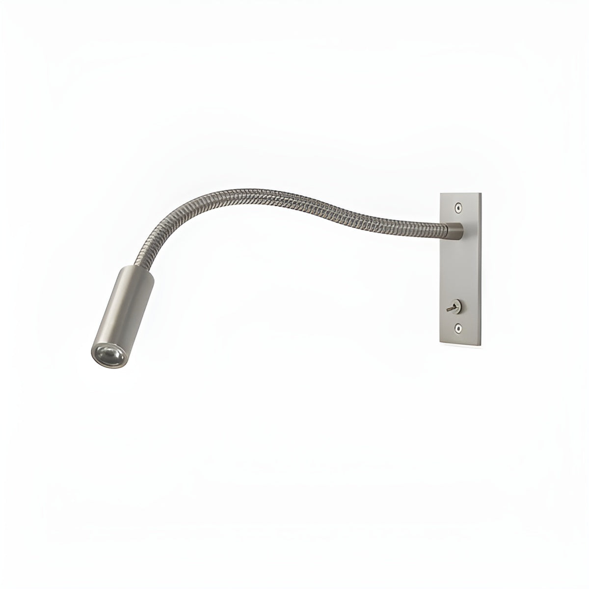 Brushed nickel gooseneck wall light shown mirrored, with backplate and switch on the right and spotlight head curving to the left. 11