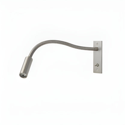 Brushed nickel gooseneck wall light shown mirrored, with backplate and switch on the right and spotlight head curving to the left. 11