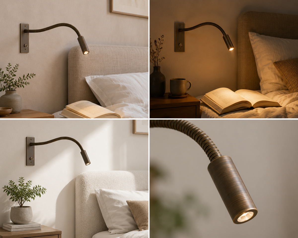 Four-image collage of the bronze-finish version lit in bedrooms, with an open book, a mug and a close-up of the lamp head. 5