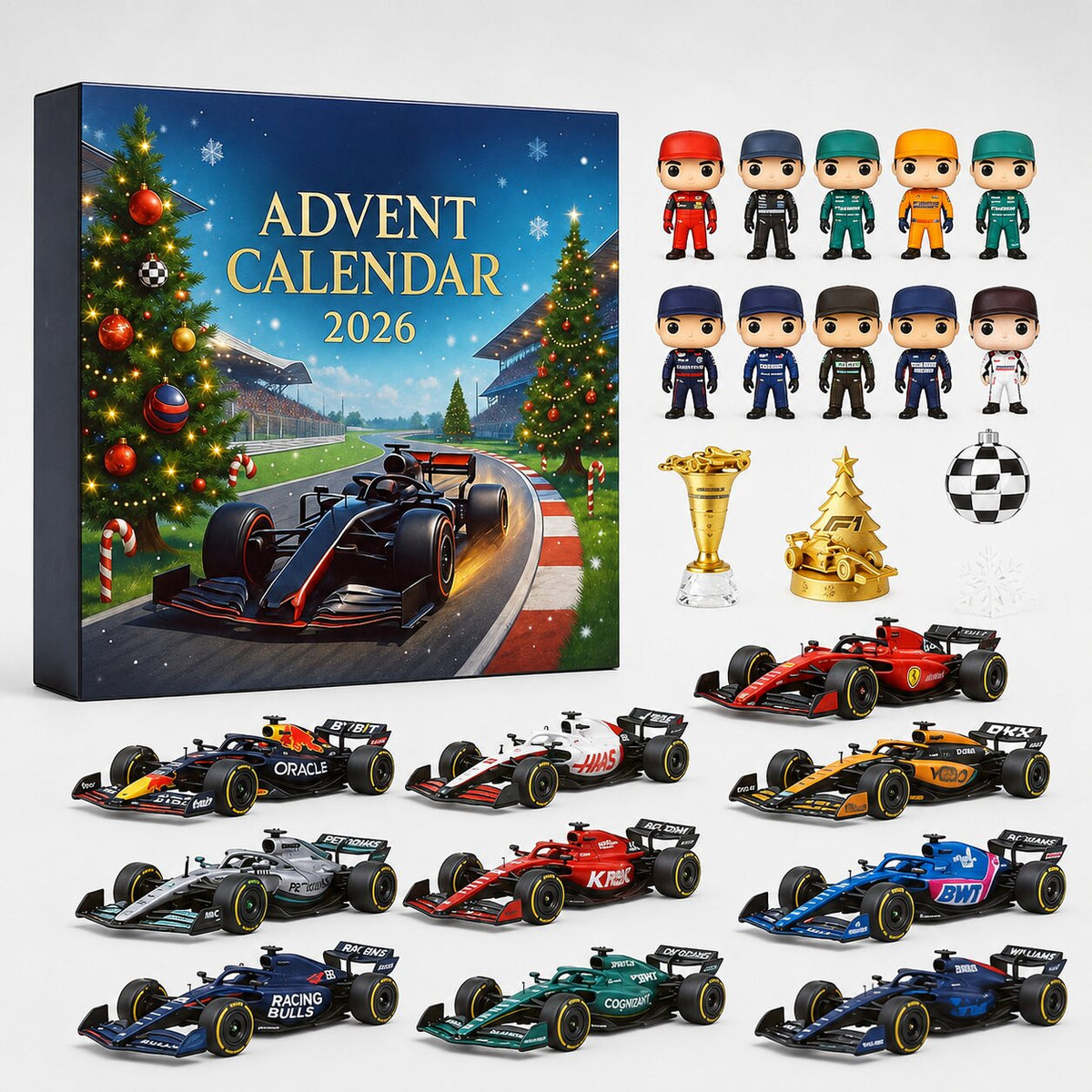 Boxed advent calendar with a festive racetrack cover, shown with all its contents laid out: ten driver figurines, ten die-cast race cars and Christmas ornaments 1